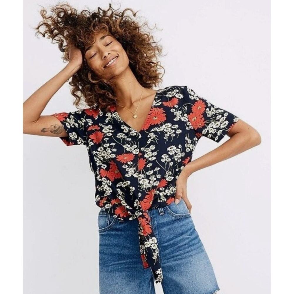 Madewell red floral tie front blouse